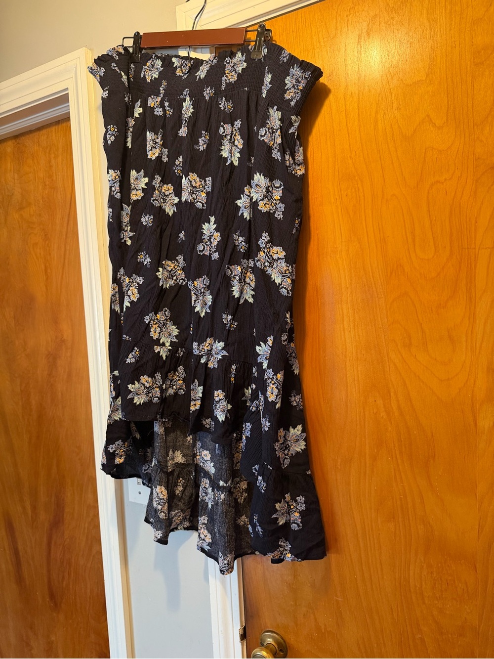 Lane Bryant Navy Floral High-Low Skirt with Light Blue and Yellow Accents EUC